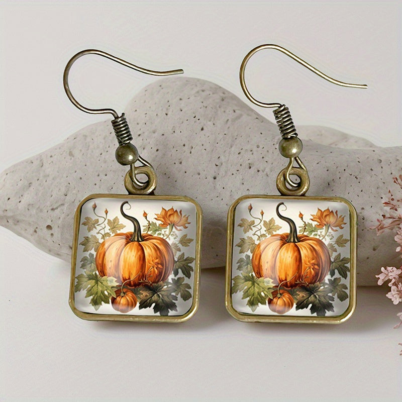 TEMU 1 Pair Thanksgiving Pumpkin Glass Dangle Earrings - Vintage Style, Handmade Jewelry Gift For , Holidays And Casual Attire, Festive Gift