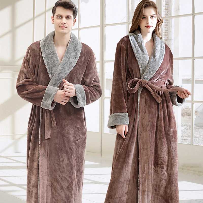 Flannel Fur Collar Mens Long Robe Sleepwear Autumn Winter Couple Bathrobe Nightwear Thick Coral Fleece Loungewear Home Clothes Y240919
