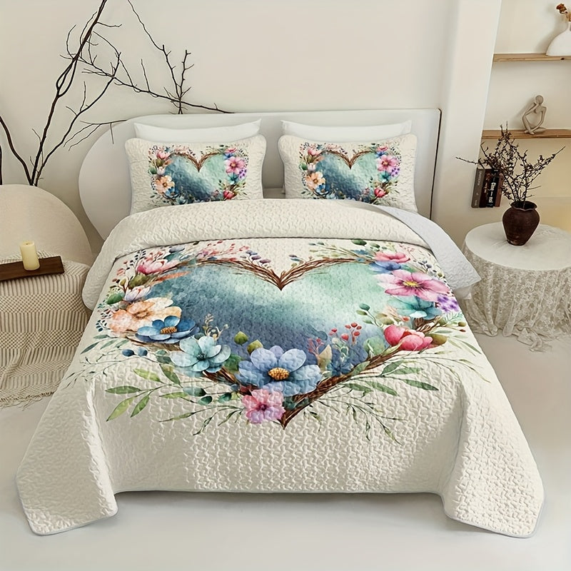 TEMU 2-3pcs Pure Elegant Love Heart Flowers And Plants Quilted Quilt, 1pc Quilted Quilt+ 1-2pcs Pillowcases, Soft Breathable Comfortable Portability