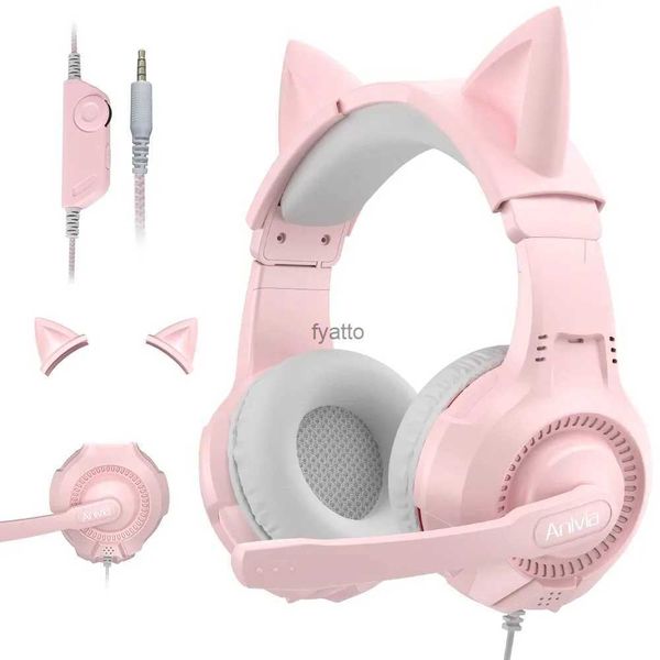 Cell Phone Earphones Cat ear girl headphones with microphone noise isolation pink 3.5mm wiredH240311