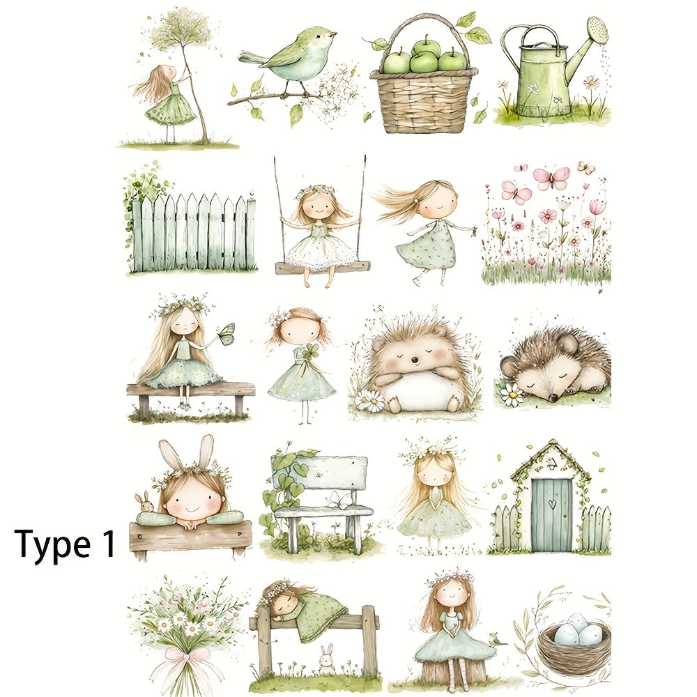 TEMU 1 Pack Vintage Cute Green Stickers - Anime Cartoon Floral & , Self-adhesive Decals For Diy Scrapbooking, Journals, Planners, Wood - Irregular