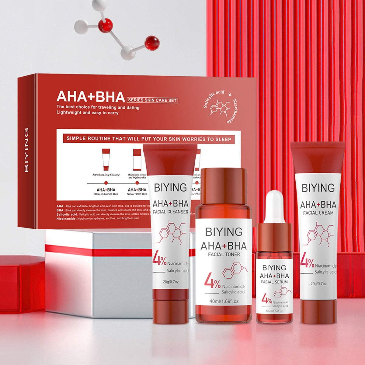 biying aha bha Skin care set, facial serum, facial cleanser, toner and cream,Contains salicylic acid and nicotinamide components,Dermatologist-teste
