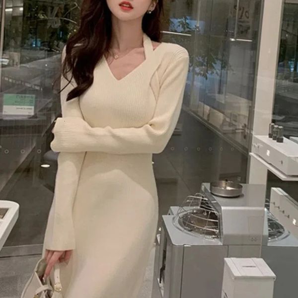 Autumn Winter Fashion Vneck Long Sleeve Solid Womens Clothing Slim Allmatch Korean Knitting Simplicity Trend Chic Dresses 241212