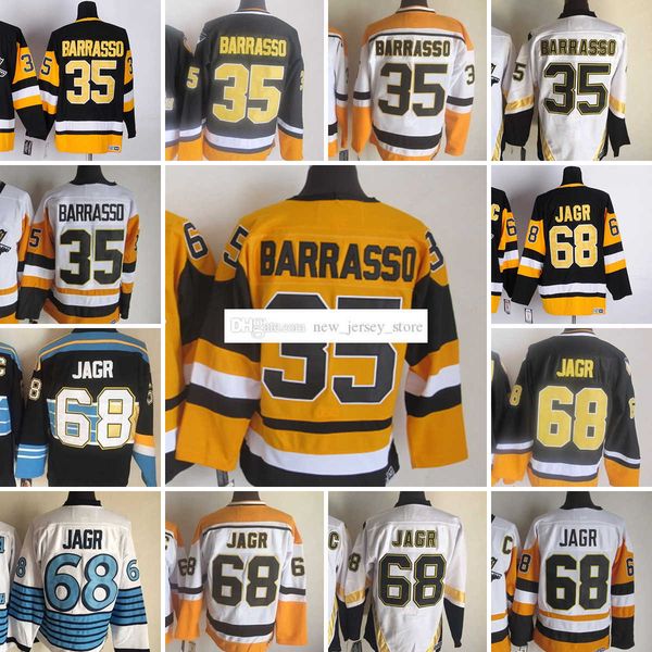 1967-1999 Movie Retro CCM Hockey Jersey Embroidery 68 JaromirJagr Jerseys CCM Embroidery 35 TomBarrasso Vintage Jerseys White Black Yellow