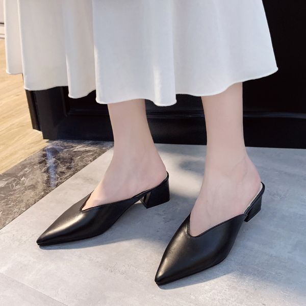 Fashion 2022 Summer Women Pointed Toe Slipper Nude White Square Low Heels Outsides Ladies Slides Brand Beach Mules Shoes 64c2
