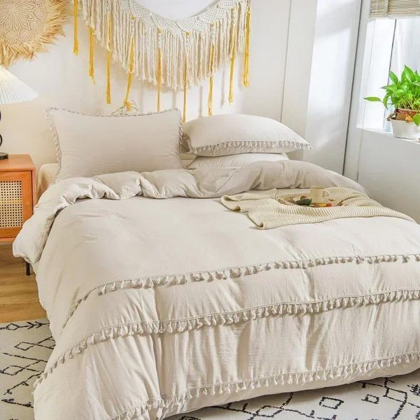 Bedding Sets Beige Tassel Set Ivory Duvet Cover Light Grey Tufted Fringe Shabby Chic Dropshipers Best quality