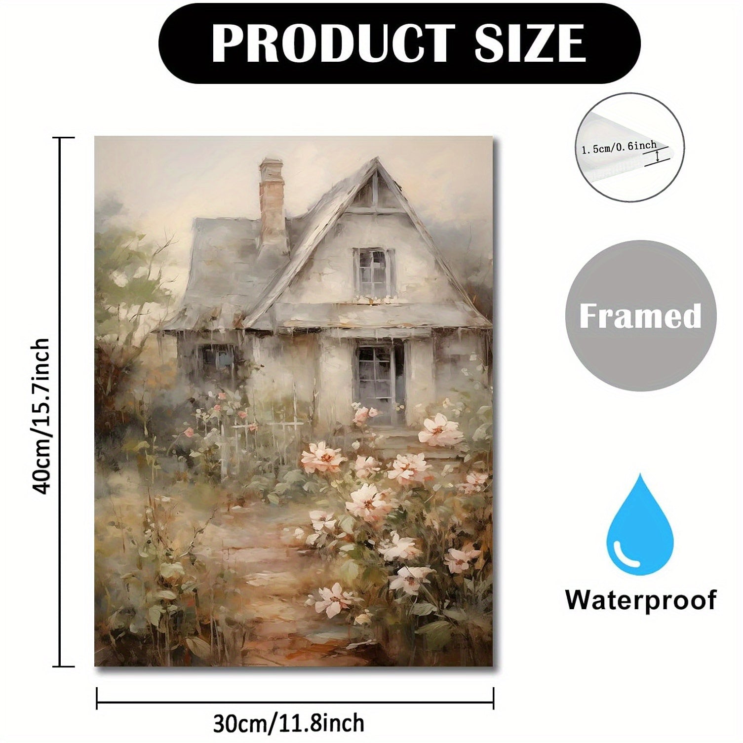 TEMU Rustic Canvas Art Print - Vintage French Country Landscape With Cottage And Peonies, Ideal For Living Room Wall Decor, 11.8"x15.7