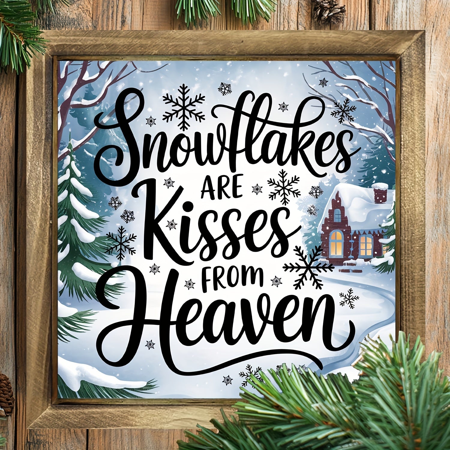 TEMU Handcrafted "snowflakes Are From Heaven" Wooden Frame - 8x8 Inch Rustic Winter Wall Decor With Snowflake Lettering & Winter Scene, Dark Blue &