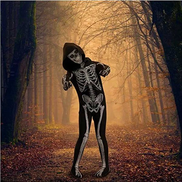 Halloween Skeleton Costume Jumpsuit with Front and Back Skeleton Bone Print for Kid W250117