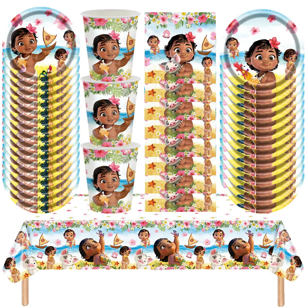 New Moana Theme Happy Birthday Party Decorations Tableware Set Cups Plates Napkins TableclothsBanners Baby Shower Supplies