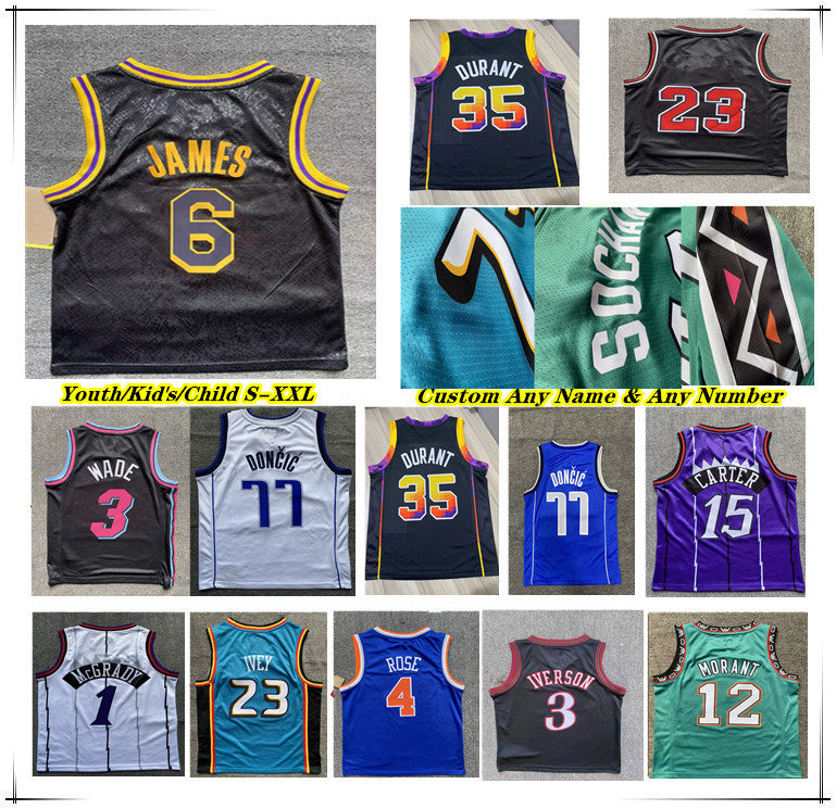 Hot Printed Basketball Jersey Youth Kids Child Dwyane Wade Jimmy Butler Ja Morant Luka Doncic Vince 15 Carter Tracy McGrady Derrick Rose Jalen Bruns