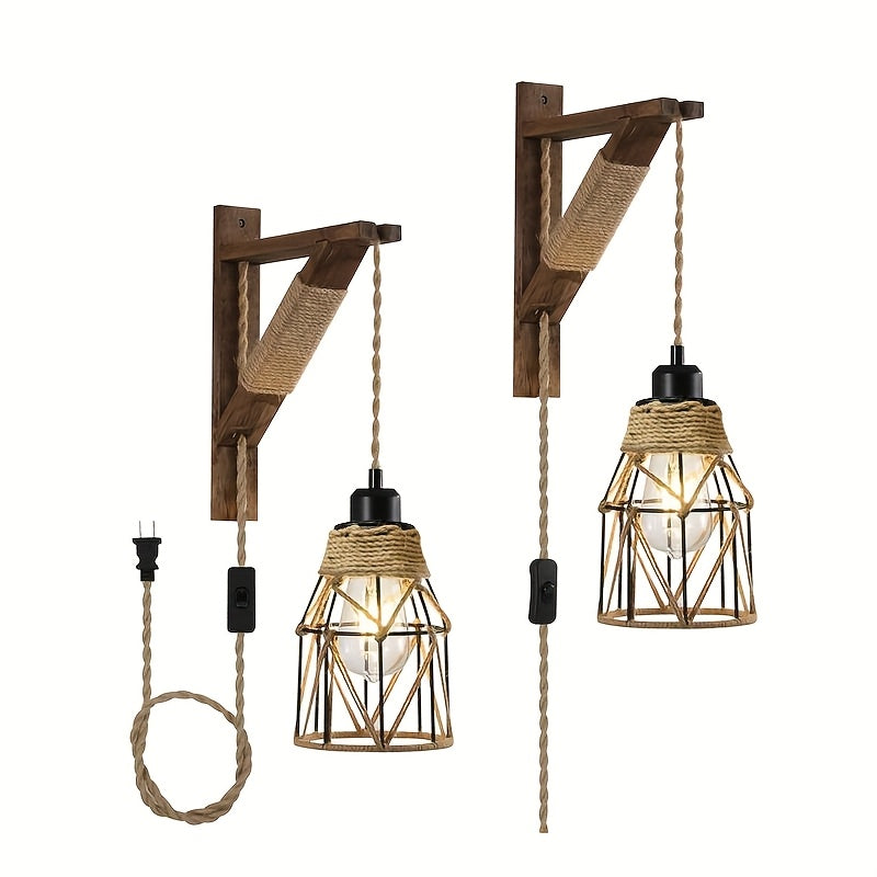 TEMU Plug In Wall Sconces Set Of 2 Or 1, Farmhouse Hanging Lamps That Plug Into Wall Outlet, Rustic Metal Cage Sconce With Wooden Bracket For Bedroom