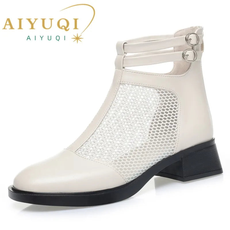 AIYUQI Mesh Sandals Women Summer Mid-Heel Cutout Mesh Boots Women Genuine Leather Large Size Fashion Women&#039;s Boots