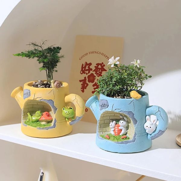 Decorative Succulents Plants Watering Can Animal Planters Fairy Garden Figurines Flower Pots Table Decoration Ornament Booknook 250210