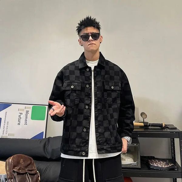 Men&#039;s Jackets Male Jean Coats Outwear Black Wide Shoulders Mens Denim Jacket Plaid Overcoat Vintage Worn Casual Winter Outerwear High Q