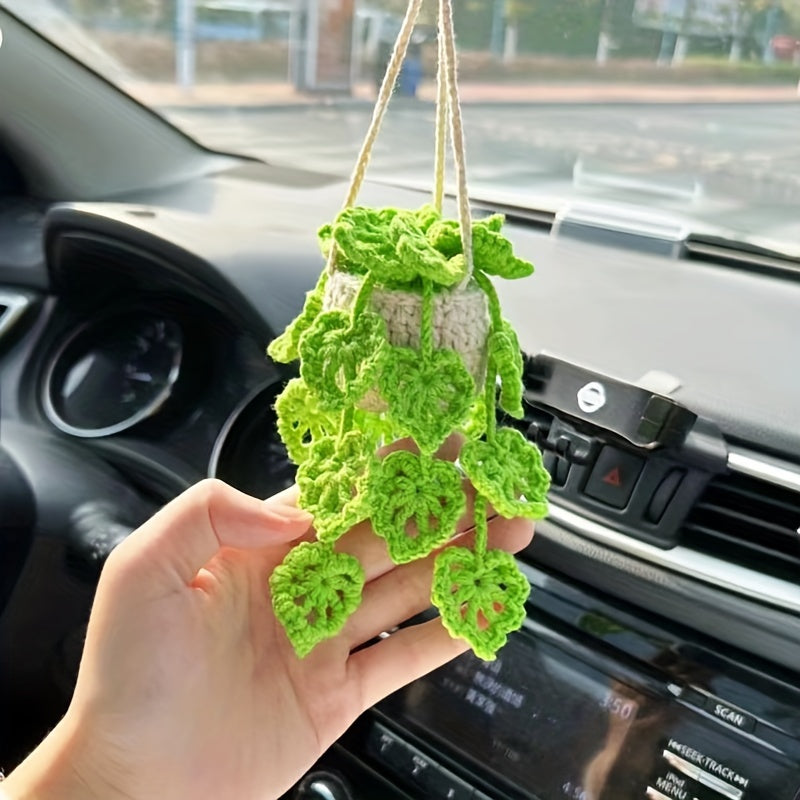 TEMU Hand-knitted Car Potted Plant Hanging, Cute Hand Crochet Pendant, Automotive Mirror Decoration Accessories, Fabric Material