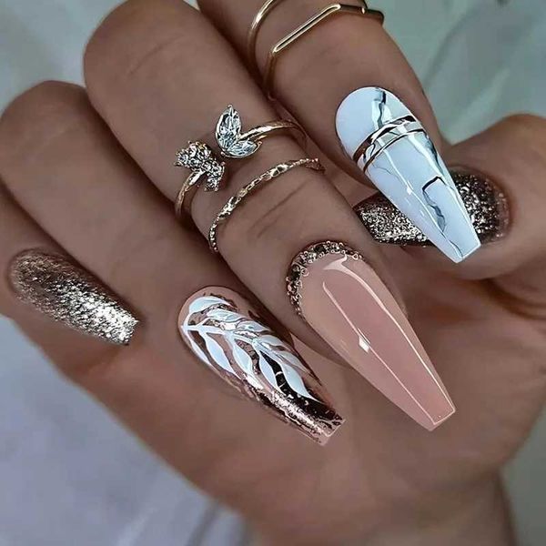24Pcs Long Ballet Fake Press on Wearable Coffin False Nails with Glue Glitter Leaves Design Full Cover Nail Tips Manicure T240507