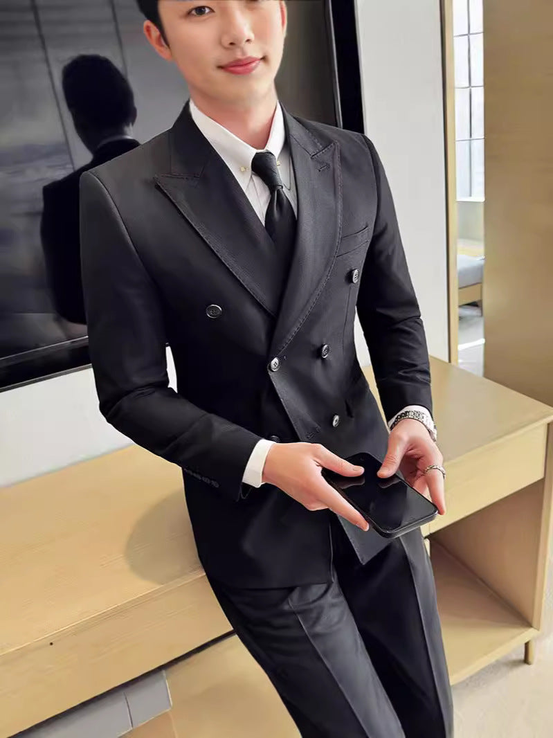 H227Sophisticated Men&#039;s Double-Breasted Wedding Attire - Seasonal Peak Lapel Suit Perfect for Grooms