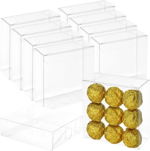 30 Pack Rectangle Plastic Favour Boxes 4x4x1.2inch Clear Boxes for Treats, Cookie, Chocolate, Sugar, Wedding, Christmas Party, Festival LL