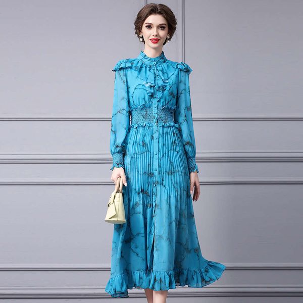 High-end Printed Dress 2024 New Model with Mushroom Edge Pleats High Waisted Stand Up Collar Sleeved Long Skirt Big Swing Autumn BOHO DRESS