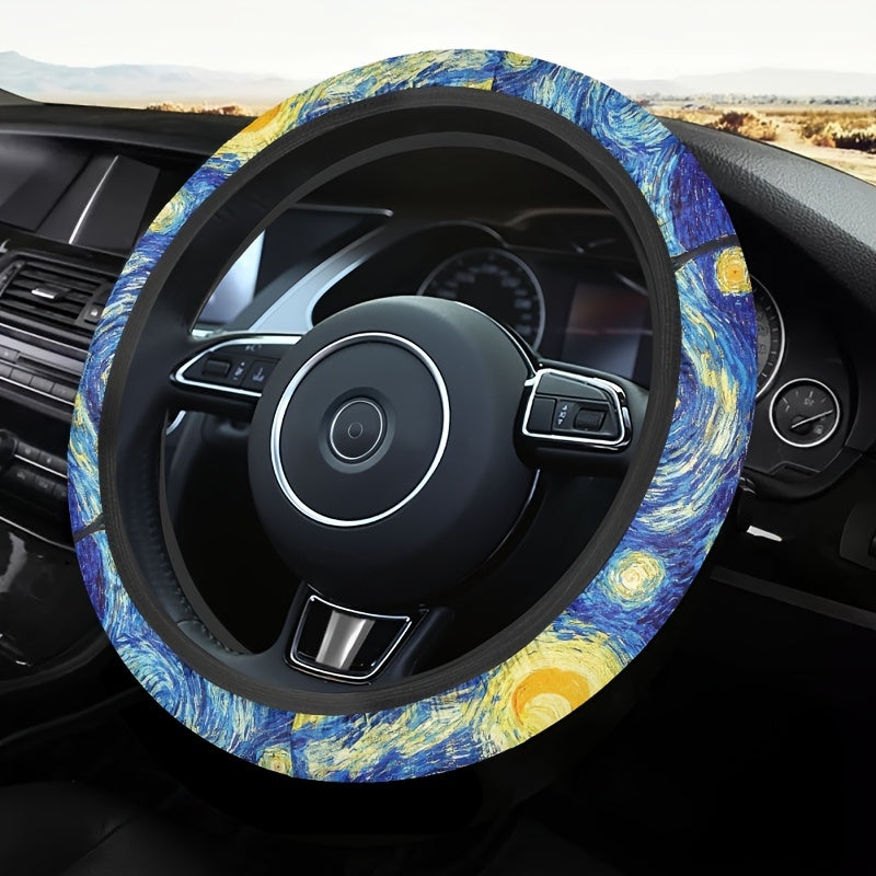TEMU Van Starry Night Inspired Steering Wheel Cover - , Washable Polyester Car Interior Accessory For