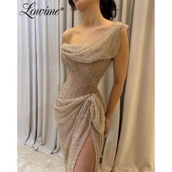 Heavy Beaded Aso Ebi Champagne Mermaid Prom Dresses Sequined Evening Gowns Women Formal Party Second Reception Dress High Split