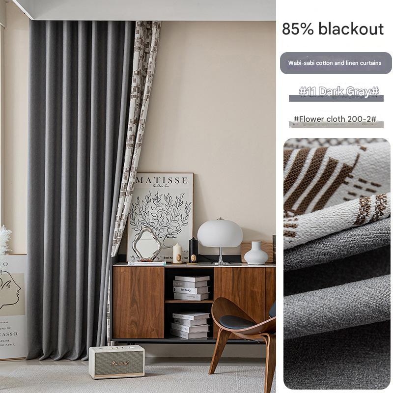 D325 wabi-sabi style cotton and linen curtain fabric high light-proof sun-proof sound-proof living room bedroom high-grade gray curtain finished pro