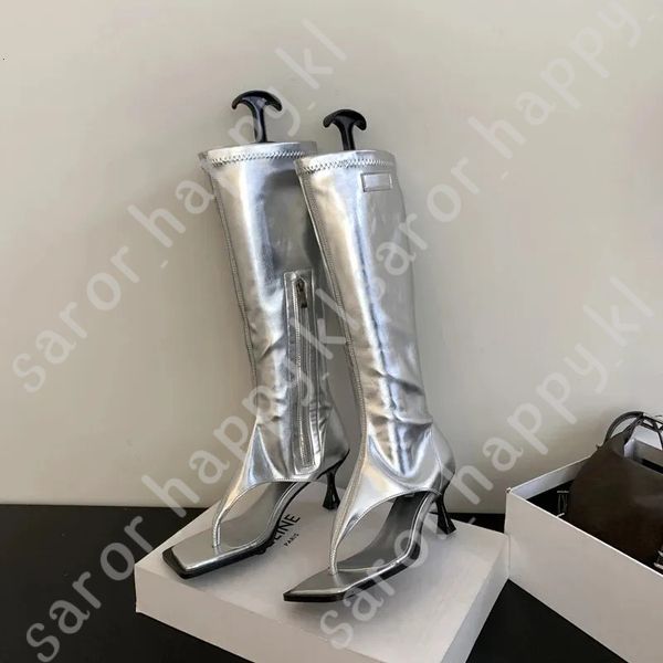 Eilyken Silver Open Toe Clipon Knee High Boot Modern Booties Thin Low Heels Side Zipper Spring Party Pumps Sandals Shoe 830