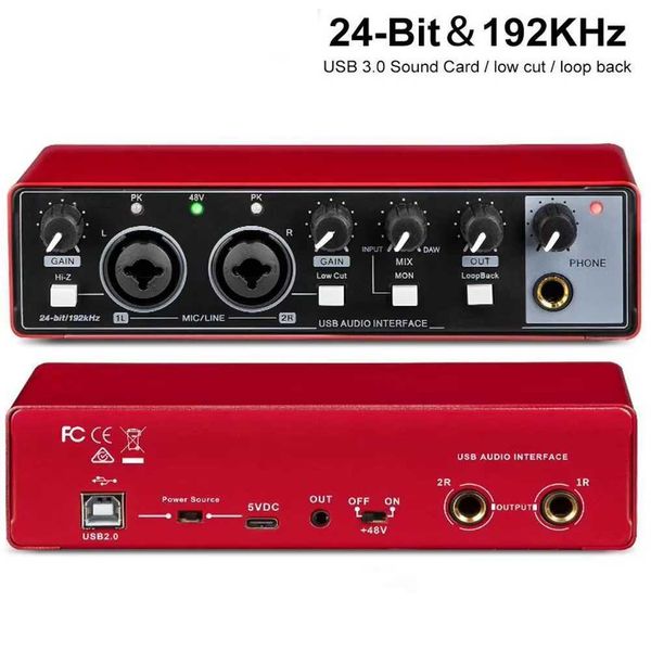 MD22 Recording Sound Card 48V Phant Power 24-bit-192 KHZ USB Au Interface with Loopback Monitor for Guitar Recording Z241224