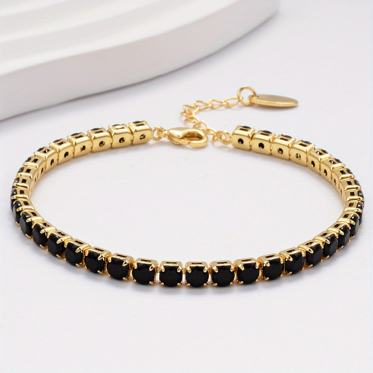 TEMU 1pc Elegant 4mm Black Zirconia Chain Bracelet With Golden-tone Clasp & Clasp - Luxurious For Casual Attire Or Gift, Daily Wear Jewelry |