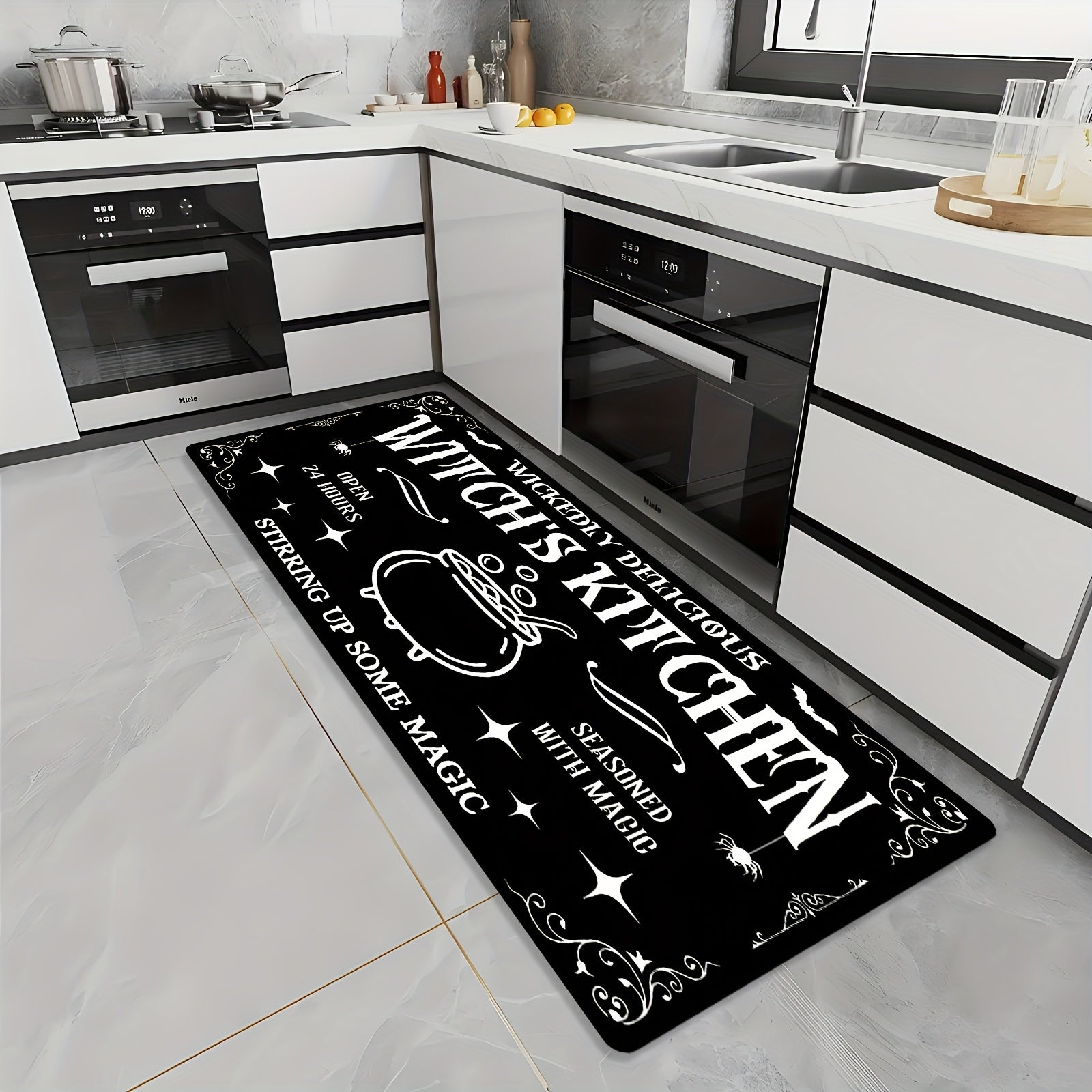TEMU 's Kitchen Non-slip Mat - "open 24 Hours, With Magic" Design With Cauldron & Broomsticks, Polyester, Machine Washable, Multiple Sizes For