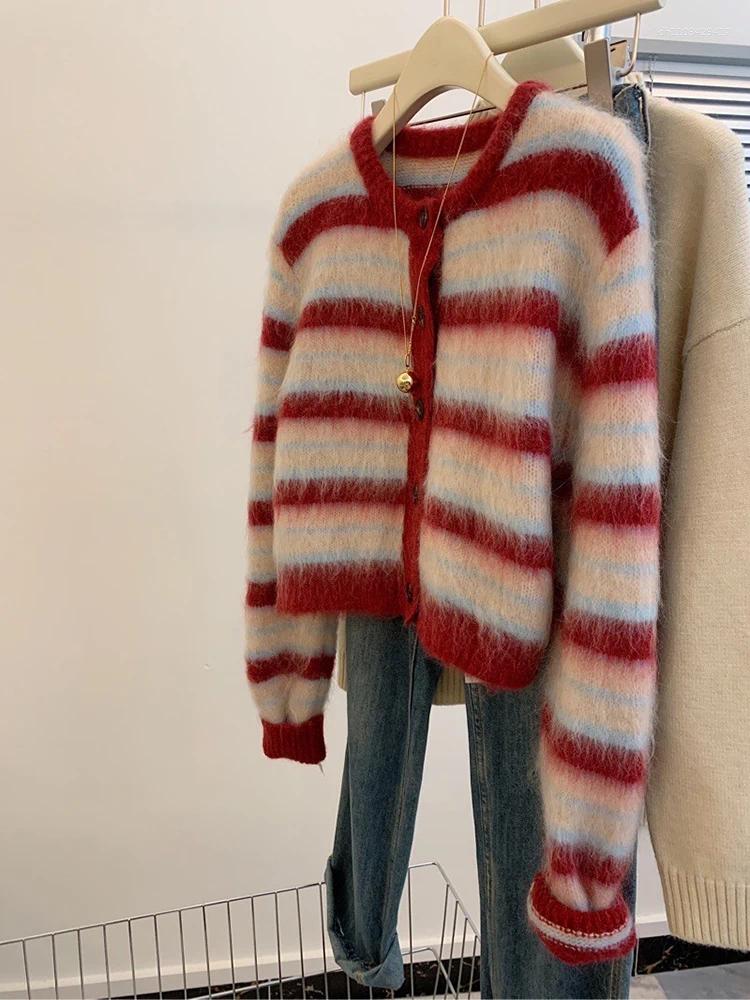Women&#039;s Knits Autumn Winter Sweet Red Striped Mohair Knitting Cardigan For Women Fashion Round Collar Single Breasted Sweater Coats
