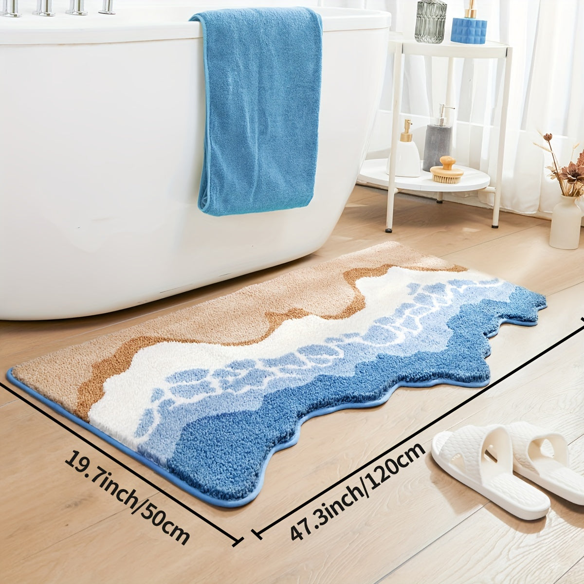 TEMU 1pc Dajang Plush Bath Mat - Non-slip, Absorbent, Machine Washable Polyester Bath Mat With Ocean , , Bathroom, Toilet, And Home Decor, Ideal