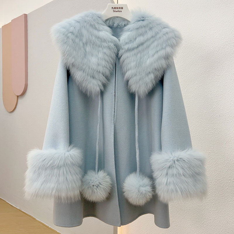 2024 New Loose Blended Coat With Real Collar Long Sleeve Fashion Genuine Fox Fur Jacket Female Outwear Wool Jackets