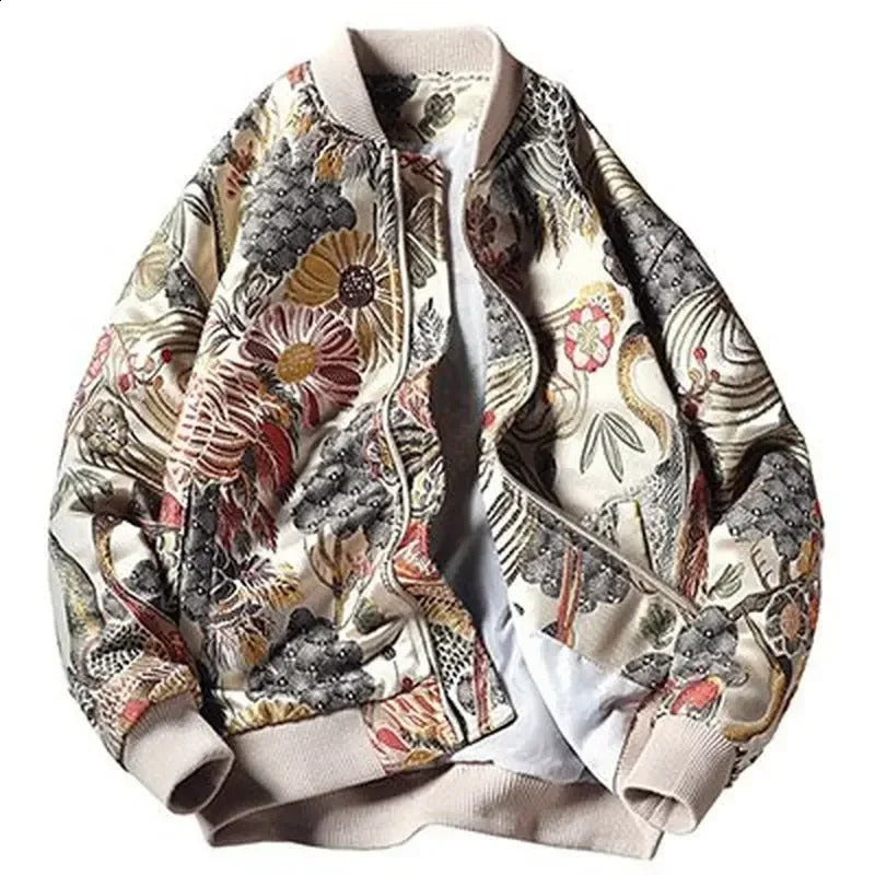 Japanese style mens floral and crane embroidery bomber jacket stand collar mens streetwear college baseball jacket autumn coat 241121