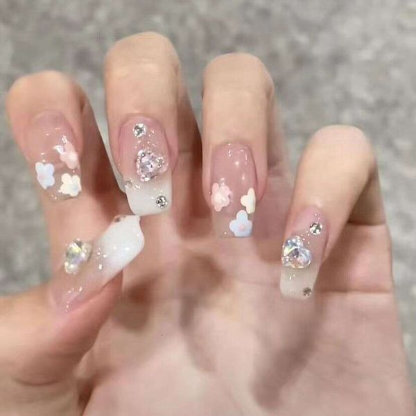 Flame 24Pcs-Box Charming Short Pink Ballet Wearable Fake Nails Press On Square Head Full Cover Detachable Finished Fingernails