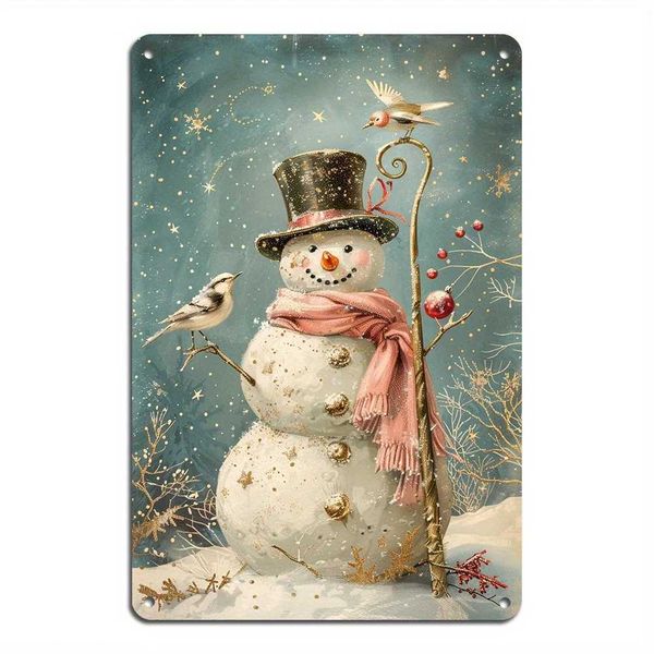 Tinplate snowman metal tin paint suitable for home restaurants bars cafes wall decoration retro style seasonal logo 8x12 inches Y250113