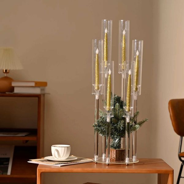 Clear Candlestick Holder Acrylic 6 Arm Candelabra Taper Candle Holders for Wedding Party Dining Table Valentines Day Anni Y240823