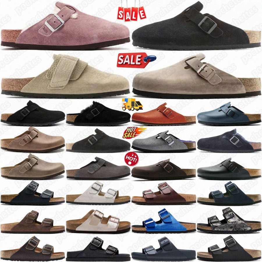 Boston Soft Footbed clogs Arizona slides designer slippers Mocha Suede Taupe Black Red Oiled Leather Tobacco Brown Faded Khaki Mink Haba e1FA#