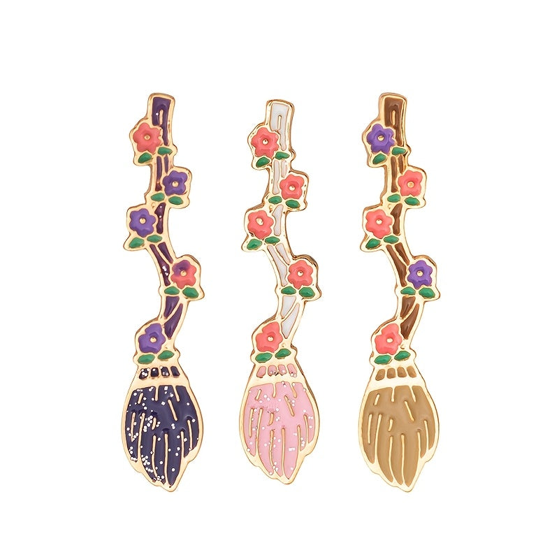 TEMU 3pcs Broom Brooch Pins, Mixed Color Alloy With Floral Accents, Enamel Lapel Pins For Backpacks And Clothing Decor, For Halloween