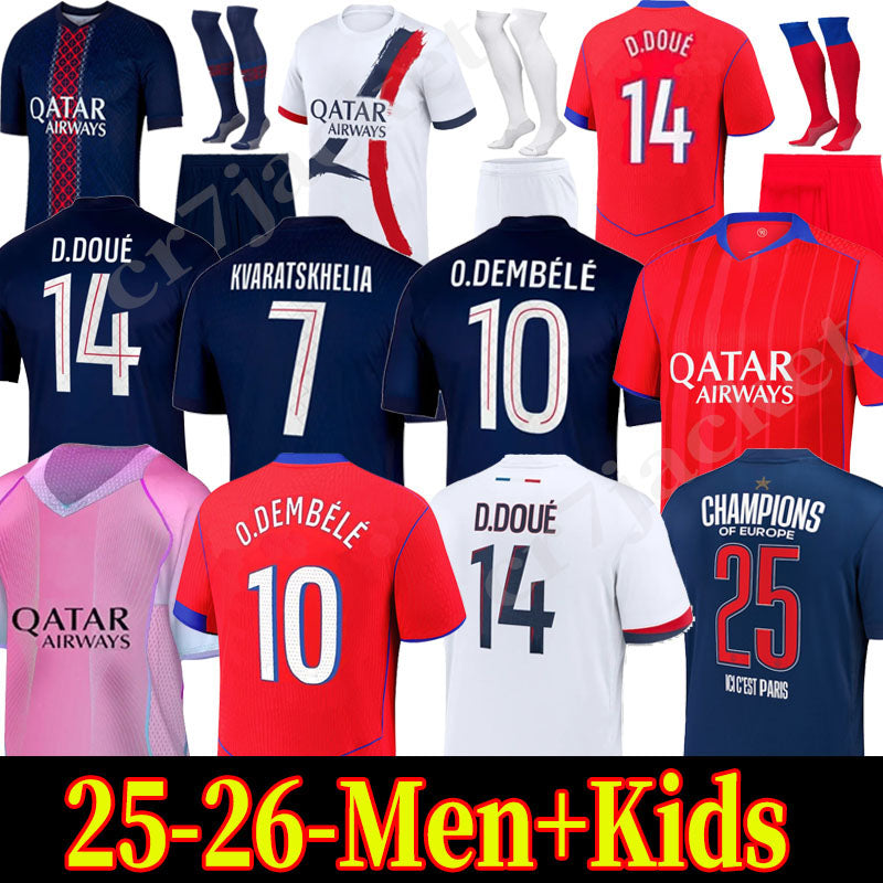 25 26 DEMBELE D.DOUE Soccer Jerseys Kvaratskhelia Maillot fourth HAKIMI enfants football shirts kits kids Equipment VITINHA Zaire Emery BARCOLA PARI