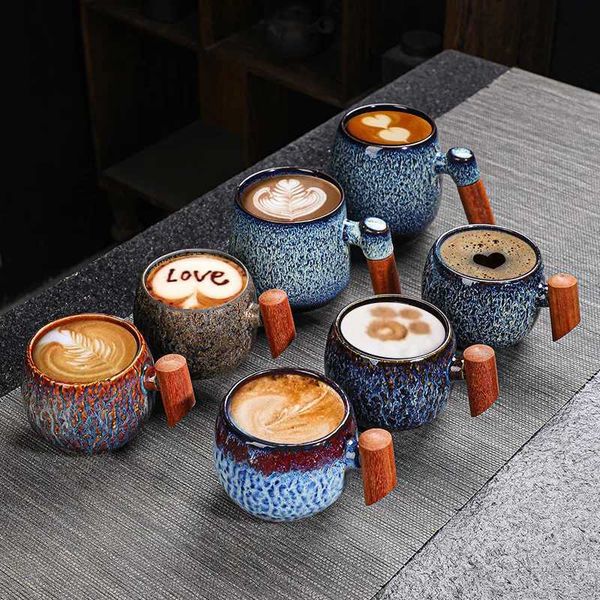 ins kiln ceramic wooden handle g off coffee cup creative tea cup person household Milk Cup Insated cup strawT250113