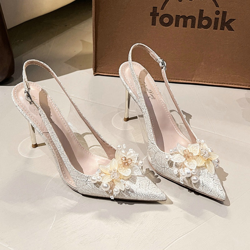 2024 Summer New Sandals Flower Wedding Shoes Thin Heel Pointy Fashion Korean Fairy Wind Bridesmaid High Heels