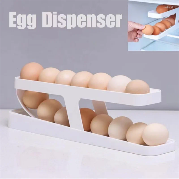 Kitchen Storage Automatic Scrolg Egg Rack Holder Box Basket Plastic Container Roll Down Refrigerator Dispenser