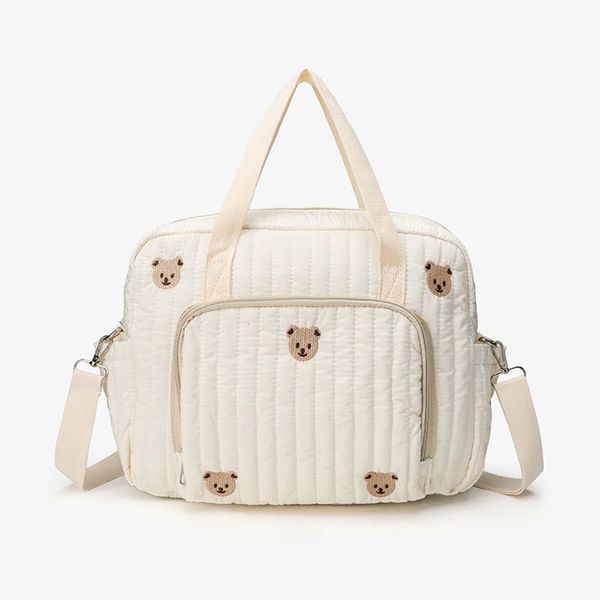 Cute Bear Flower Embroidery Pattern Baby Beige Cotton Fabric Zipper Diaper Handbag Luggage Bag 250118