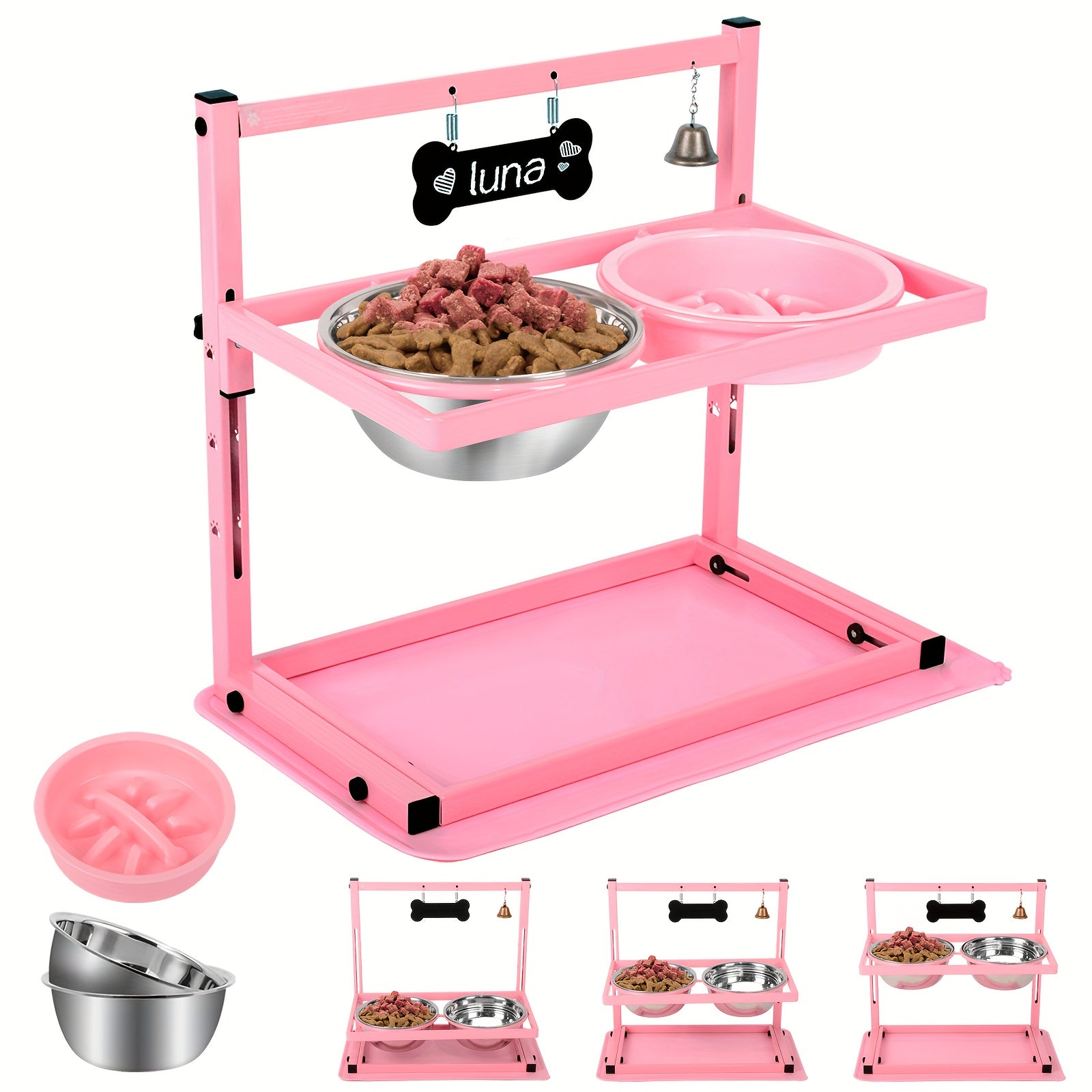 TEMU Pink Adjustable Raised Dog Bowl Stand With 2 1700 Ml Food Bowls, A Feeder And A Mat, Metal Dog Feeder, Elevated Dog Bowls For Large Medium And