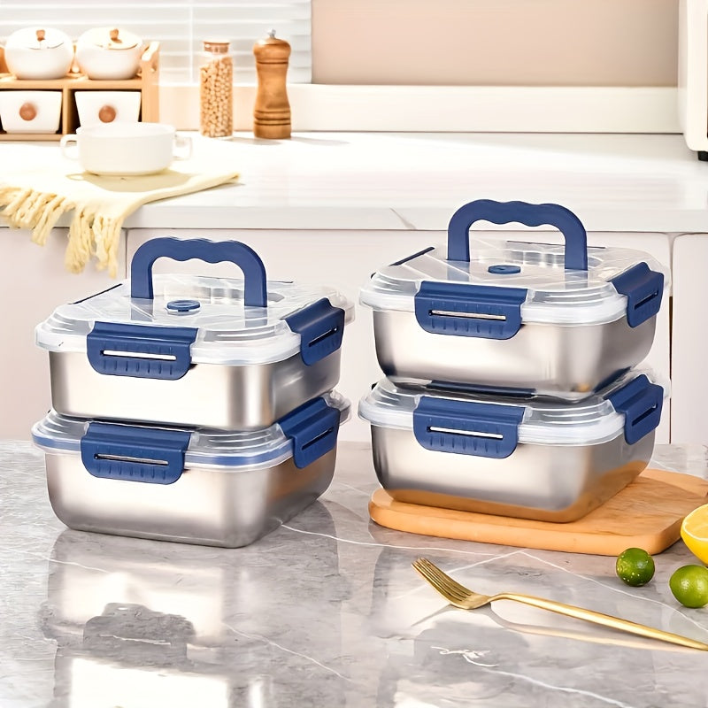 TEMU 4pcs Stainless Steel Food Storage Container With Blue Lid, Deepens And Enlarges Capacity 57.48 Oz., Suitable For Refrigerator Crisper, Airtight