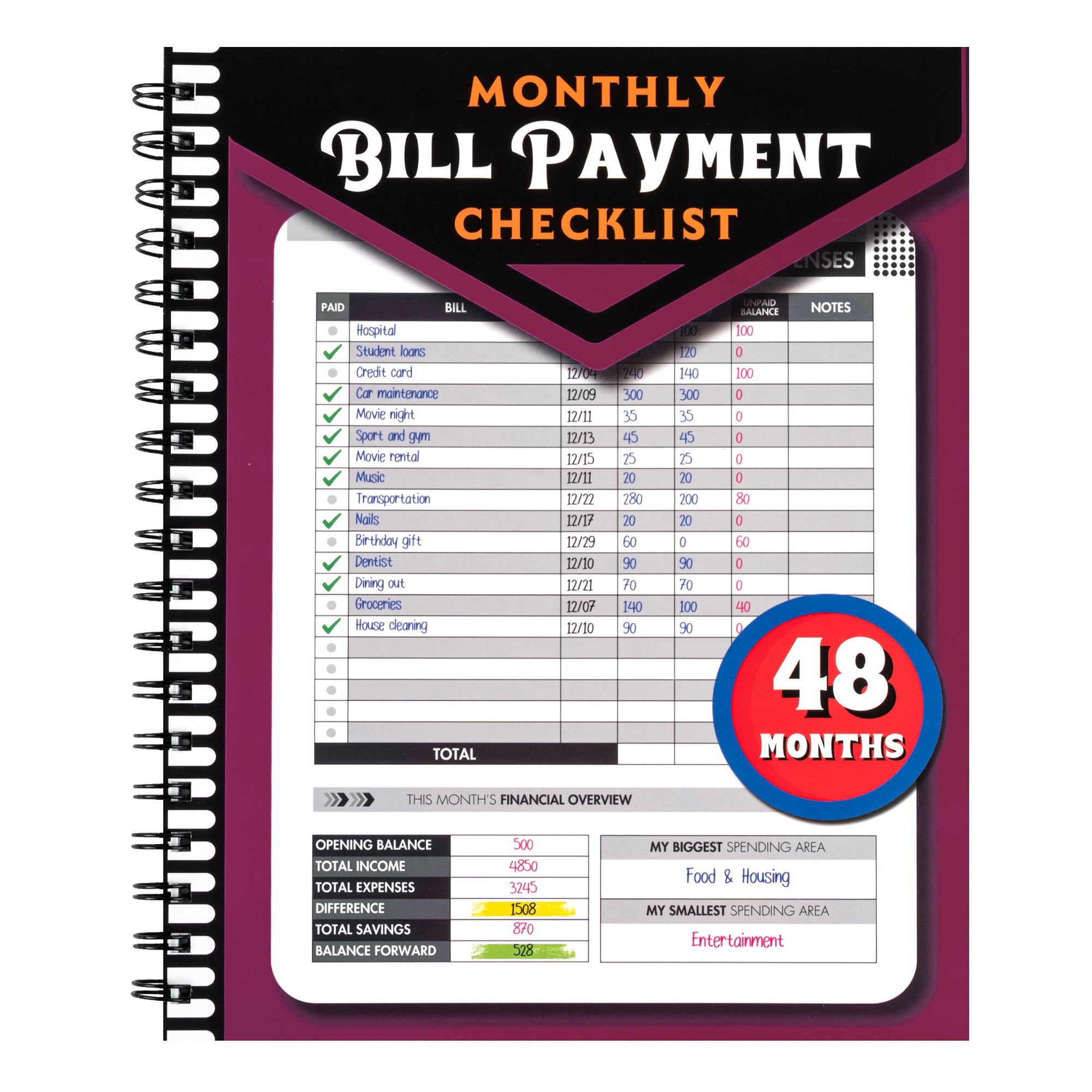 TEMU Monthly Bill Payment Checklist: Bill Notebook With Spiral Binding 8"x10" The 4-year Guide For Families & , 960 Billing Records Included