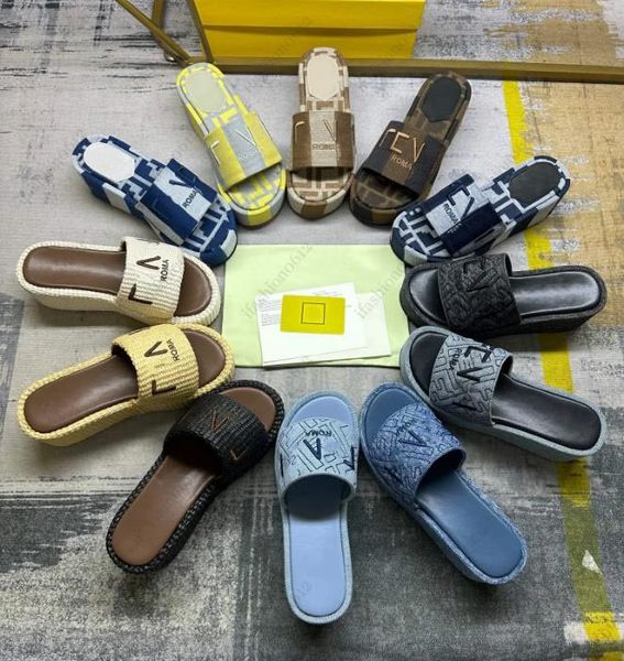 2024 Women Sunshine Natural raffia flatform slides summer sandal slippers fashion Platform sandal luxury outdoors Casual Scuffs Beach slippe