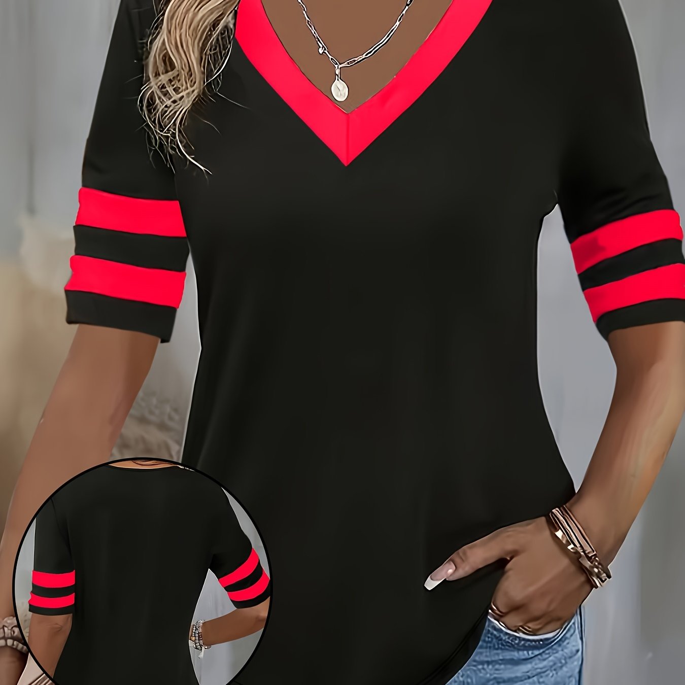 TEMU Women's Casual Round Neck T-shirt, 100% Polyester Fabric, Short Sleeve Tee, Black And Red Color Block Top, Suitable For All